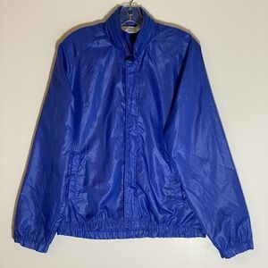 Vintage Sears Jacket Mens Medium Blue Windbreaker Zip Hideaway Hood Snap Pockets